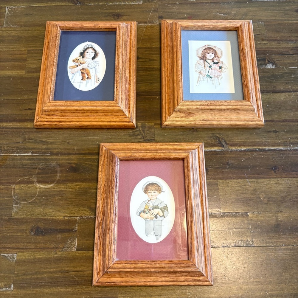 Jan Hagara Wood Framed Prints Matted Oak Frame Set Boy Girl Doll Vintage Granny